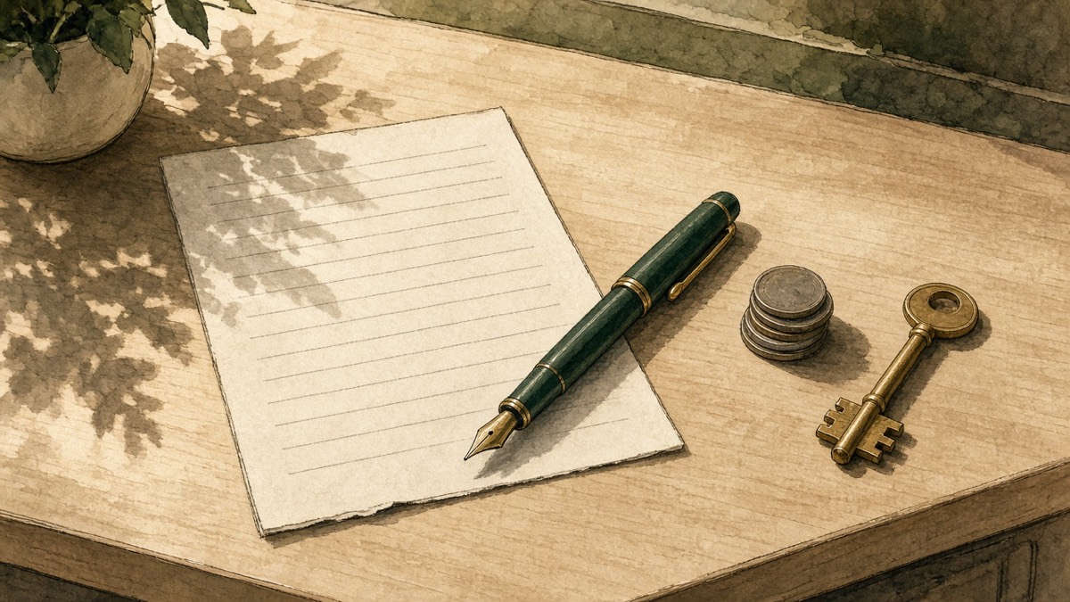 A cream desk with a blank worksheet, a green pen, a stack of coins, and a house key.
