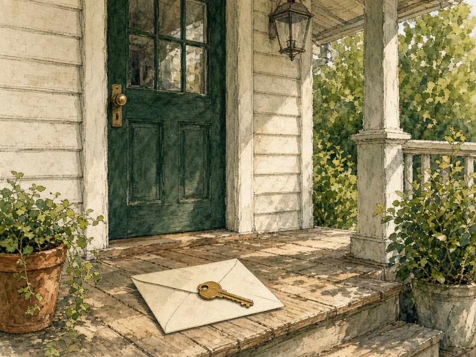 A forest-green front door with a brass key on an envelope.