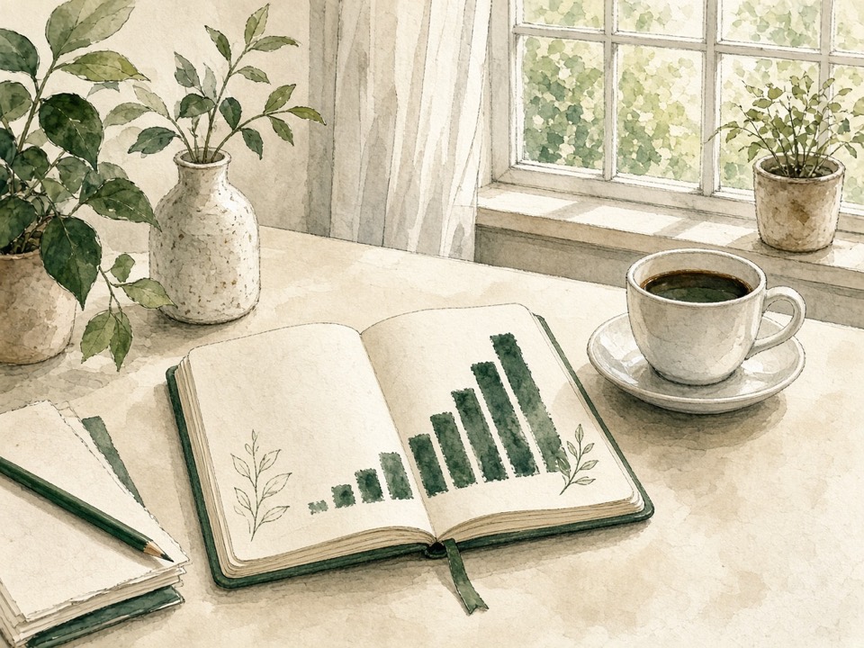 An open notebook with a rising green bar chart beside a cup of coffee.